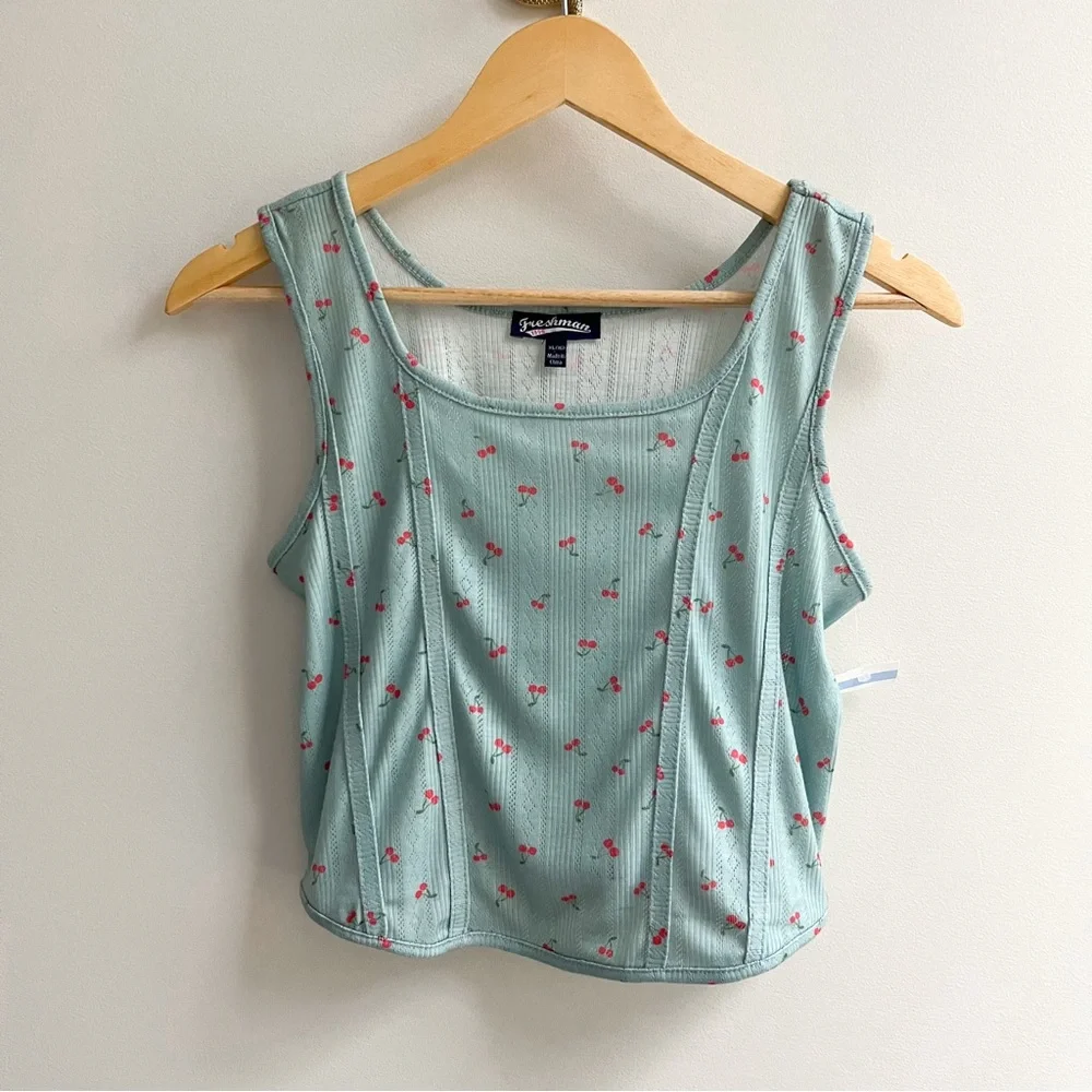 [freshman] cherry print corset seam pointelle tank top light blue XL